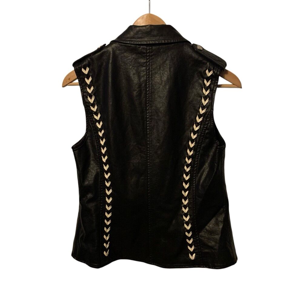 V Cristina Black Faux Leather/Ivory Braided Laced Moto Vest Size Small - Picture 3 of 5